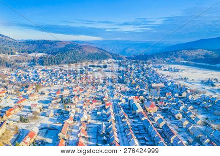 Croatia, Delnice, Gorski Kotar, Panoramic View Of Town Center From Drone In Winter, Mountain Landsca
