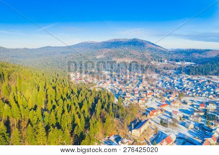 Croatia, Delnice, Gorski Kotar, Panoramic View Of Town Center From Drone In Winter, Mountain Landsca
