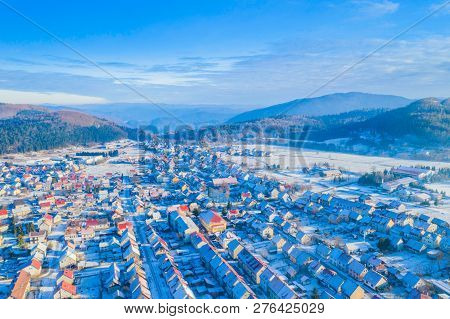 Croatia, Delnice, Gorski Kotar, Panoramic View Of Town Center From Drone In Winter, Mountain Landsca
