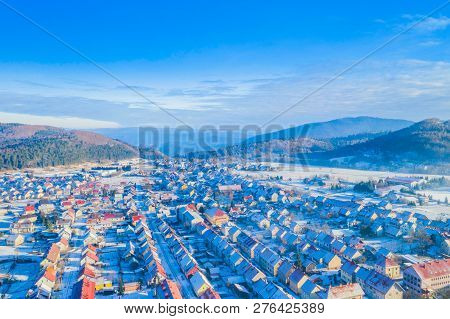 Croatia, Delnice, Gorski Kotar, Panoramic View Of Town Center From Drone In Winter, Mountain Landsca