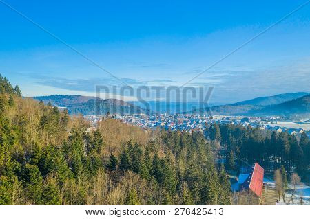 Croatia, Delnice, Gorski Kotar, Panoramic View Of Town Center From Drone In Winter, Mountain Landsca