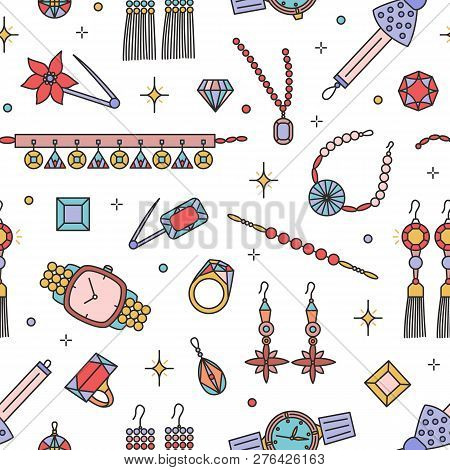 Seamless Pattern With Fashionable Jewelry Items On White Background - Earrings, Necklace, Bracelet, 