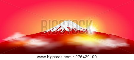 Silhouette Fuji Mountain At Sunrise. Fuji Against The Red Sky And The Rising Sun. Landscape, Mount F