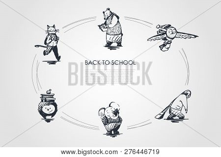 Back To School - Cat With Satchel, Bear With Book, Bird With Bag, Panda With Schoolbag, Hedgehog Wit