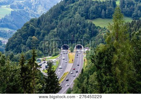 Beautiful View Of Mountains And Entrance To Autobahn Tunnel Near Village Of Werfen, Austria