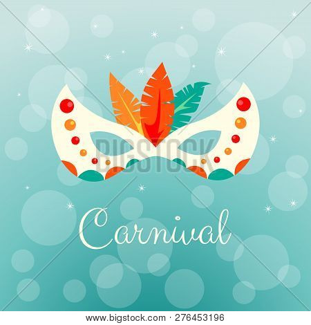 Carnival Mask With Colorful Feathers  On Blue Background.
