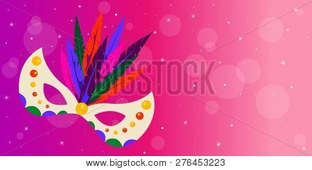 Carnival Mask With Feathers On Pink Background.