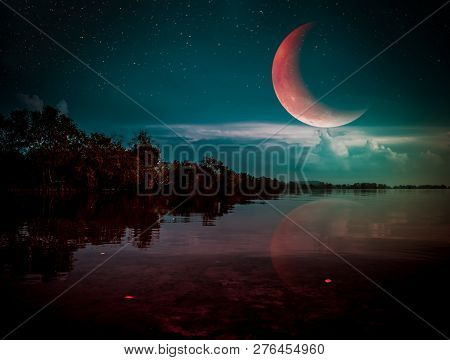 Landscape Of Night Sky With Many Stars. Beautiful Red Crescent And Cloudy Above Silhouettes Of Trees