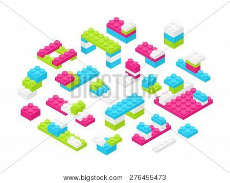 Collection Of Isometric Colorful Plastic Constructor Details Or Pieces Isolated On White Background.