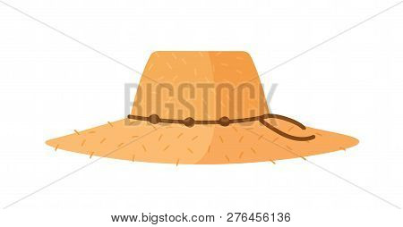 Farmer Or Agricultural Worker Straw Hat With With Wide Brim And Rope Isolated On White Background. W