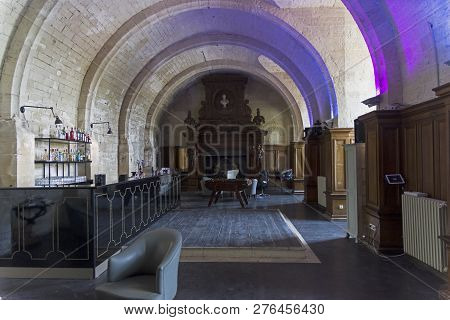 Mello, France - August 28, 2018: Bar In The Chimney Hall Of The Old Castle. Castle Grand Mello, Fran