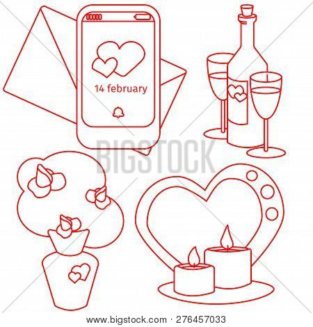 Vector Valentines Day Set Bouque, Vine. Candles And Notification. Line Art For Cartoon Design, Vecto