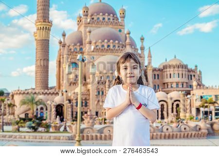 Big Beautiful Mosque Sharm El-sheikh. The Child Is Praying. Selective Focus