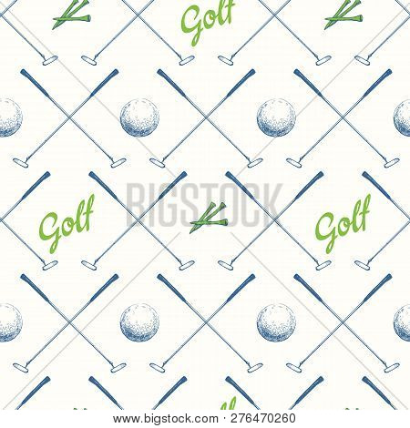 Seamless Golf Pattern With Putter. Vector Set Of Hand-drawn Sports Equipment. Illustration In Sketch