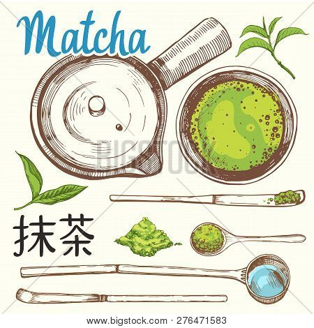 Japaneese Ethnic And National Tea Ceremony. Matcha. Traditions Of Teatime. Decorative Elements For Y