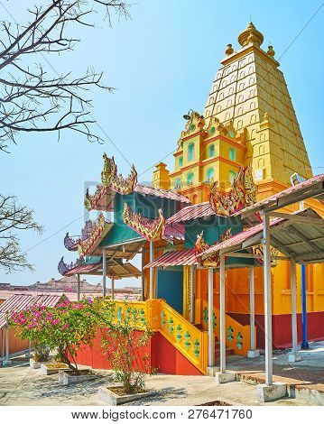 The Ornate Pagoda Of U Min Thonze Caves With Beautiful Colored Porch, Decorated With Pyatthat Roof, 