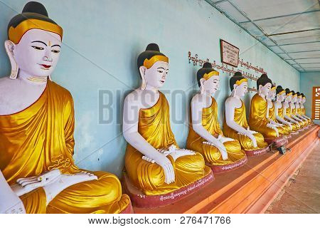 Sagaing, Myanmar - February 21, 2018: The Prayer Hall Of Image House Of U Min Thonze Temple With Sta