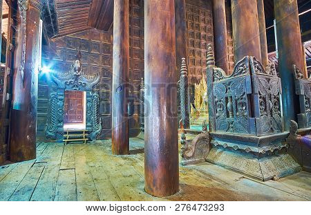Ava, Myanmar - February 21, 2018: The Wooden Prayer Hall Of Bagaya Monastery, One Of The Most Beauti