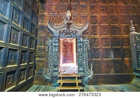 Ava, Myanmar - February 21, 2018: The Ornate Wooden Carvings In Bagaya Monastery With Decorative Rel