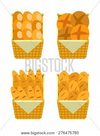 Ounter Stall With Bakery Food Products. Vector Shelf With Bread And Pastry Products, Dough And Buns,