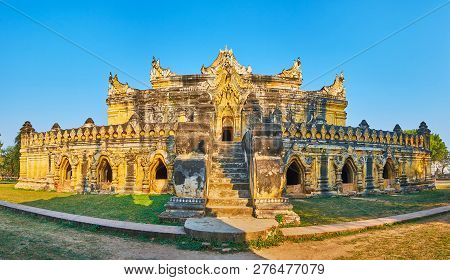 Panorama Of Ornate Ochre Maha Aungmye Bonzan Monastery (brick Monastery), Decorated With Fine Carvin