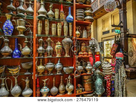 Dubai, Uae - Dec 9, 2018. Ancient Arabic Vessels For Sale At Souk Madinat Jumeirah In Dubai. The Tra
