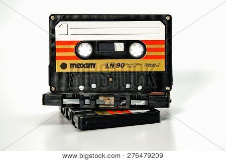 Prague, Czech Republic - November 29, 2018: Three Audio Compact Cassette Maxim Ln 90. Bad Audio Cass