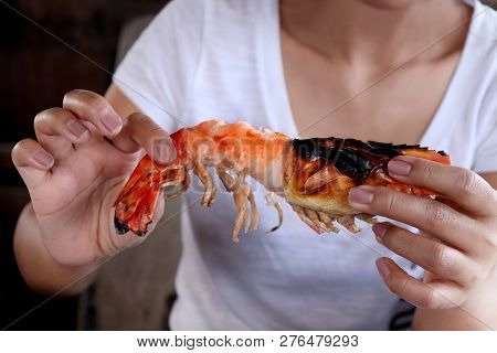 Hand Are Holding Shrimp Big Size, Shrimp Grill In Hand, Seafood Prawn Dinner, Cooked Grilled Shrimp 