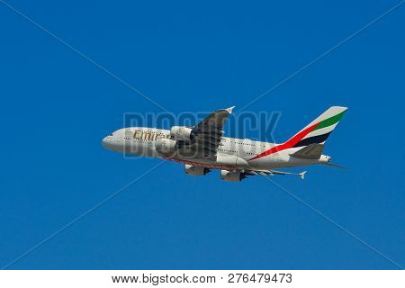 Dubai, Uae - Dec 9, 2018. An Airbus A380 Airplane Of Emirates Taking-off From Dubai Airport (dxb). D