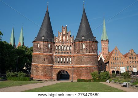 Luebeck, Germany - June 7, 2018: Historic Holsten Gate, Landmark Of The Hanseatic City Of Luebeck On
