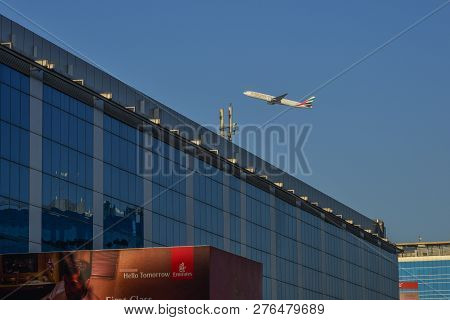 Dubai, Uae - Dec 9, 2018. A Boeing 777-300er Airplane Of Emirates Taking-off From Dubai Airport (dxb