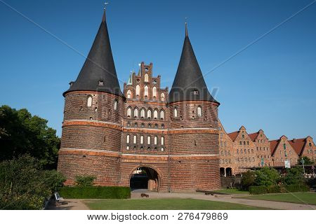 Luebeck, Germany - June 7, 2018: Historic Holsten Gate, Landmark Of The Hanseatic City Of Luebeck On