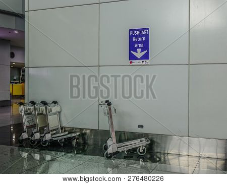 Manila, Philippines - Dec 4, 2018. Trolleys At Departure Hall Of Ninoy Aquino International Airport 