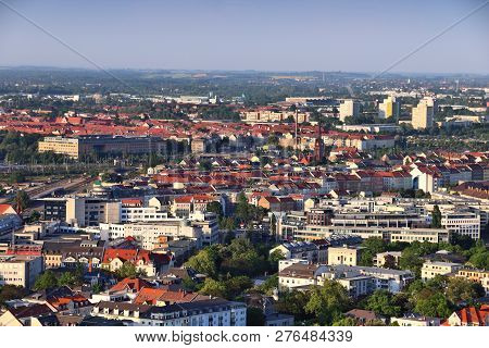 Leipzig, Germany Aerial View. Cityscape With Zentrum, Neustadt And Neuschoenefeld Districts.