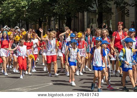 Prague, Czech Republic - July 1, 2018: Children Parading At Sokolsky Slet, A Once-every-six-years Ga