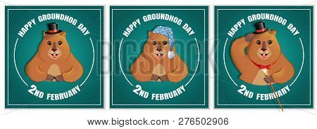 Happy Groundhog Day Is A Spring Holiday. February 2nd. Set Of Square Banners. Marmot With A Cane, In