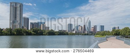 Panoramic Austin Downtown Skyscraper From Boardwalk Along Colora