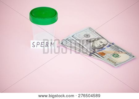 Health. Sperm Analysis. Concept Of Bank Sperm. Infertility Bank With Sperm On Rosy Phoenix With Mone