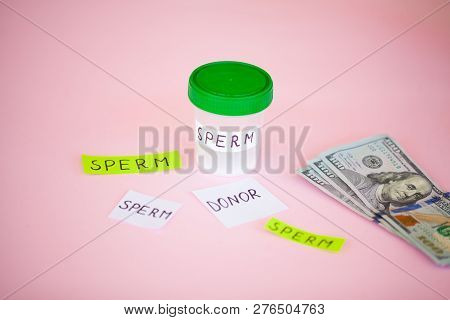 Health. Sperm Analysis. Concept Of Bank Sperm. Infertility Bank With Sperm On Rosy Phoenix With Mone