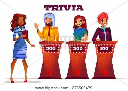 Quiz Trivia Game Show Illustration. Black Afro American Woman Presenter Question Players Of Saudi Ar