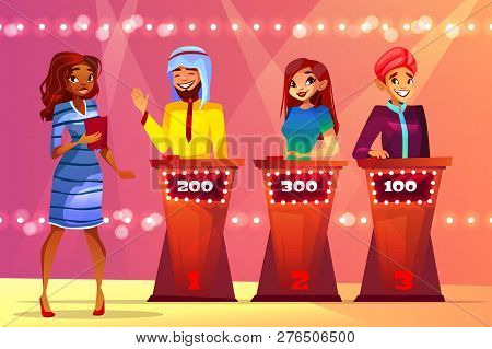 Quiz Trivia Illustration Of People In Game Show Studio. Black Afro American Woman Presenter Question