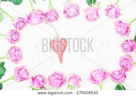 Valentines Day Violet Fresh Rose Flowersframe, Top View Flat Ly Scene
