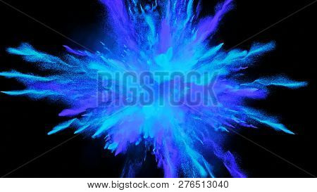 Cg 3d Illustration Of Powder Explosion With Blue And Violet Colors On Black Background. Slow Motion 