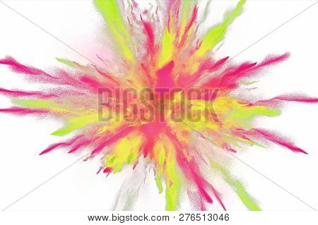 Cg 3d Illustration Of Powder Explosion With Blue And Violet Colors On White Background. Slow Motion 
