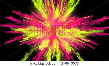 Cg 3d Illustration Of Powder Explosion With Blue And Violet Colors On Black Background. Slow Motion 