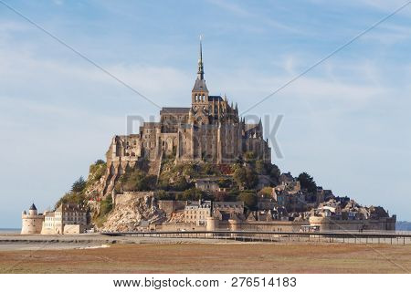 Mont Saint-michel At Low Tide In Normandy, One Of The Most Touristic Place In France