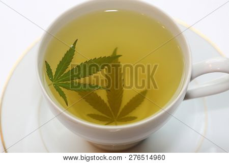 Cannabis Tea. Marijuana Tea. Hemp Tea with a Marijuana Leaf in a white Tea Cup. Isolated on white. Room for text. 