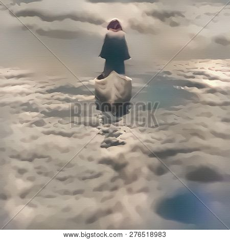Spiritual composition. Soul Journey. Figure of man in cloak sailing in the sky. 3D rendering