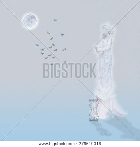 Woman`s marble statue and butterflies. Glowing moon and hourglass. 3D rendering