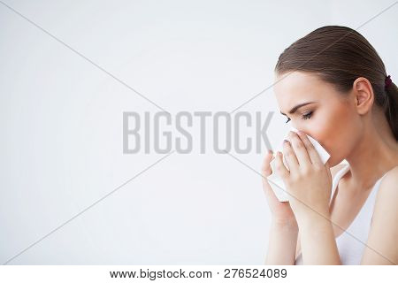 Flu And Sick Woman. Sick Woman Using Paper Tissue, Head Cold Problem